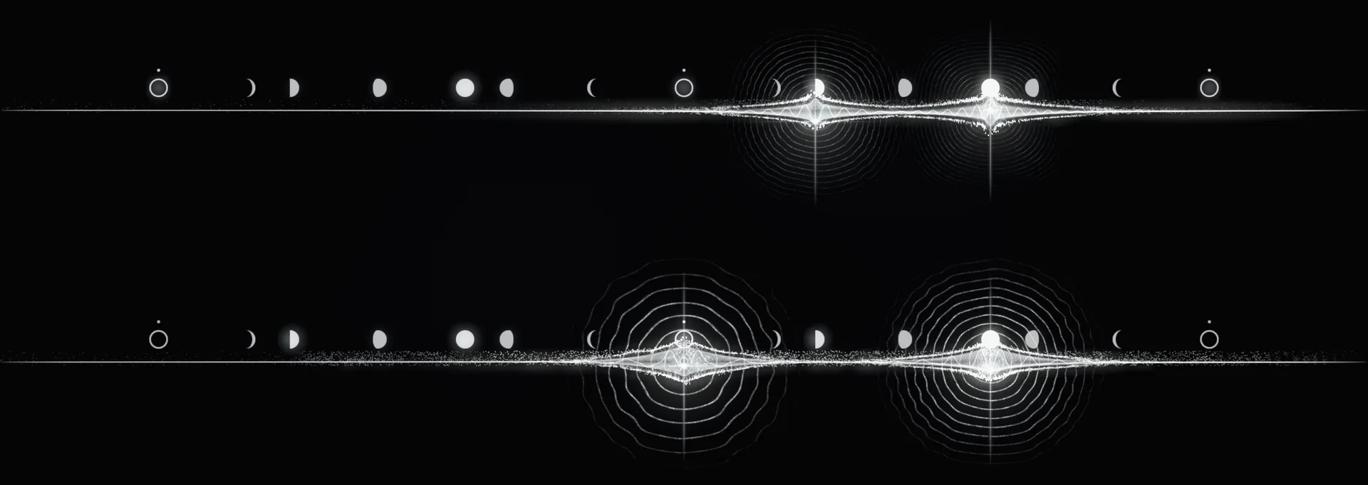 Two threads of light across a dark night. Small moons above each thread mark the notes; where four notes ring, the threads swell and rings of light spread around them.